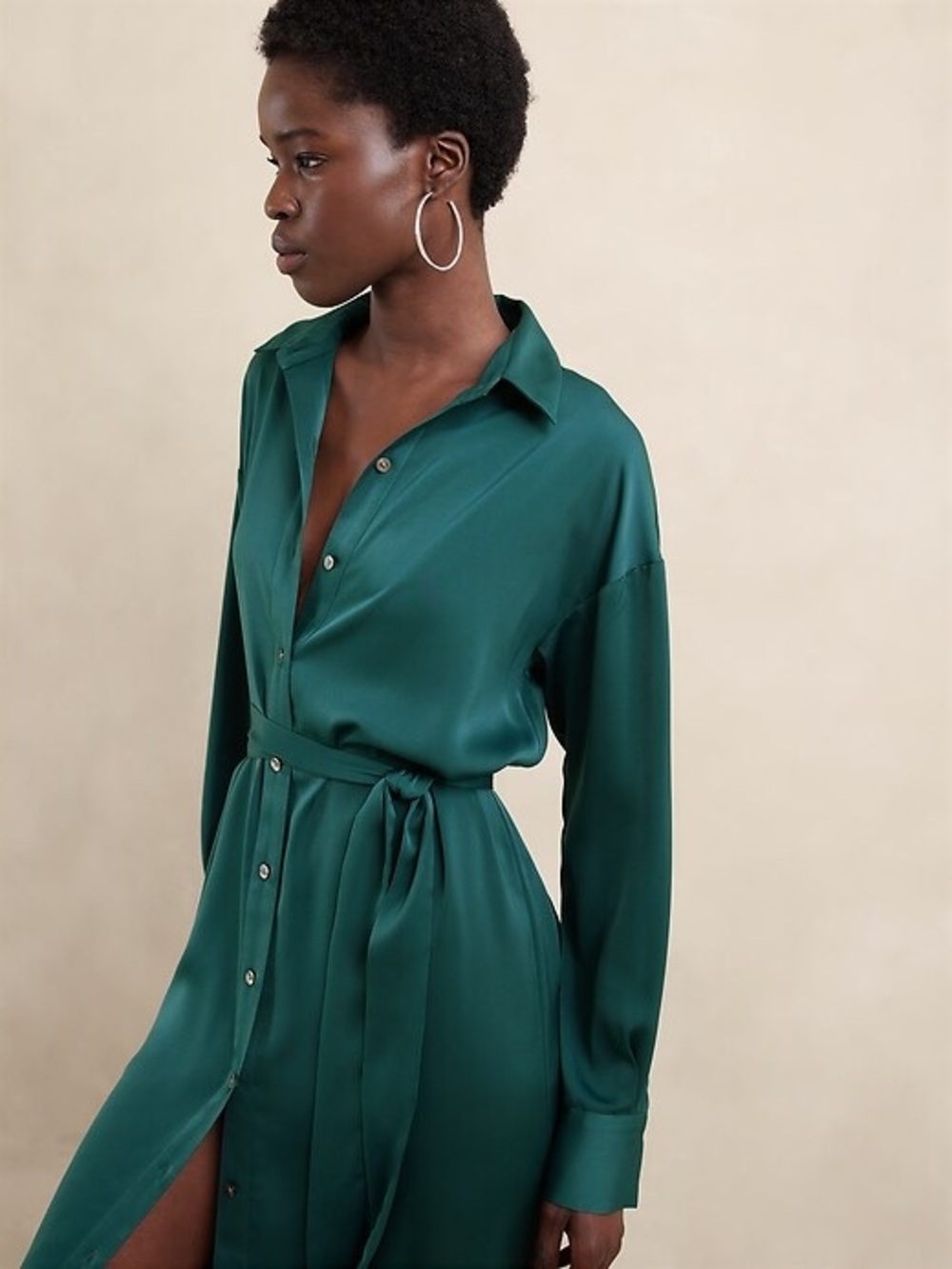 Banana Republic Emerald Green Long-Sleeve Shirt Dress with Waist Tie